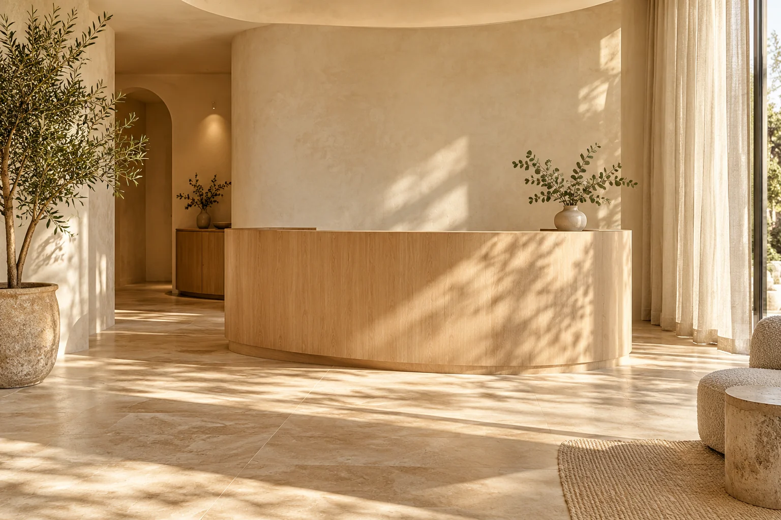 A peaceful wellness clinic with oak reception, soft morning light, and eucalyptus